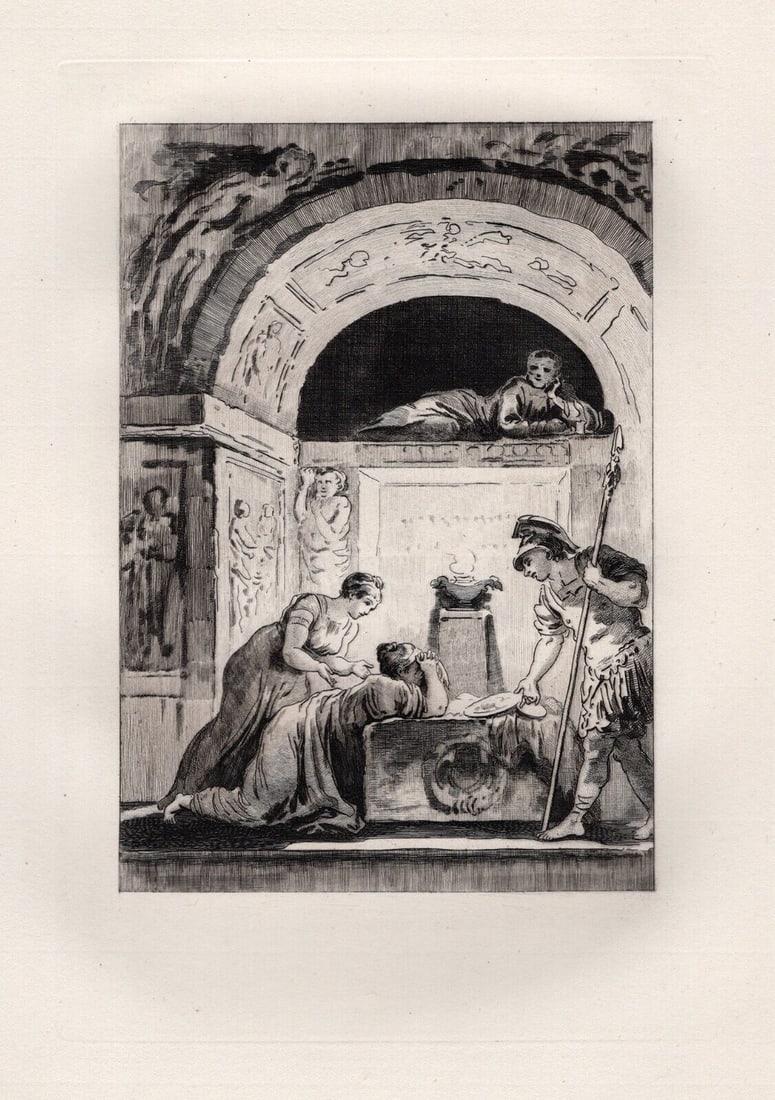 1800s LIMITED JEAN-HONORE FRAGONARD Etching The Matron of Ephesus Framed: Jean-Honore Fragonard (French, 1732 - 1806). The Matron of Ephesus (Le Matrone d'Ephese) (from Conte de La Fontaine). Antique etching on laid paper after the original by master engraver Adolphe Martia