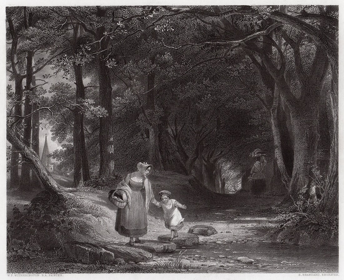 William Frederick Witherington RA The Stepping Stones (Stepping Stones on the Machno, North Wales -: William Frederick Witherington RA. (English, 1785 - 1865). The Stepping Stones (Stepping Stones on the Machno, North Wales - Study from Nature). Antique Engraving on wove paper after the original oil 