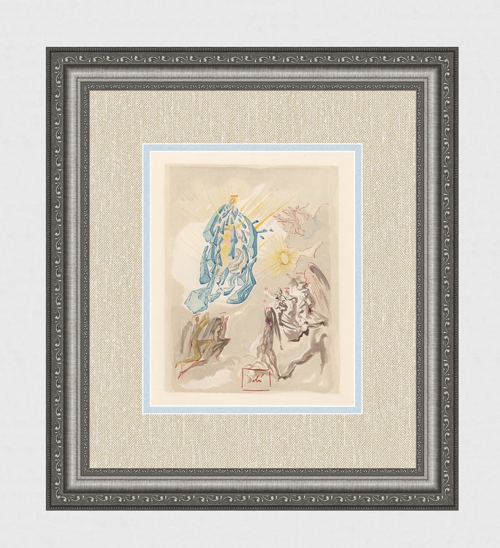 1960 Salvador Dali Sight Authentic Woodcut Signed Framed: Salvador Dali. (1904-1989). "Dante Recovers His Sight" Paradise Canto 26. Authentic Original Color Woodcut from The Divine Comedy Printed in 1960 on B.F.K. Rives Paper ( this is not a reproduction, co