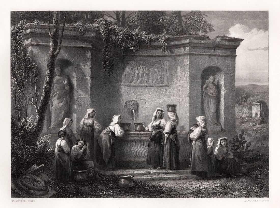 Charles Louis MULLER SIGNED The Fountain Framed: Charles Louis Muller (French, 1815-1892). The Fountain. Antique engraving after the original by master engraver Charles Cousen (British, c. 1819-1889). Year: 1866. Signed in the plate. Image Size 7 1/