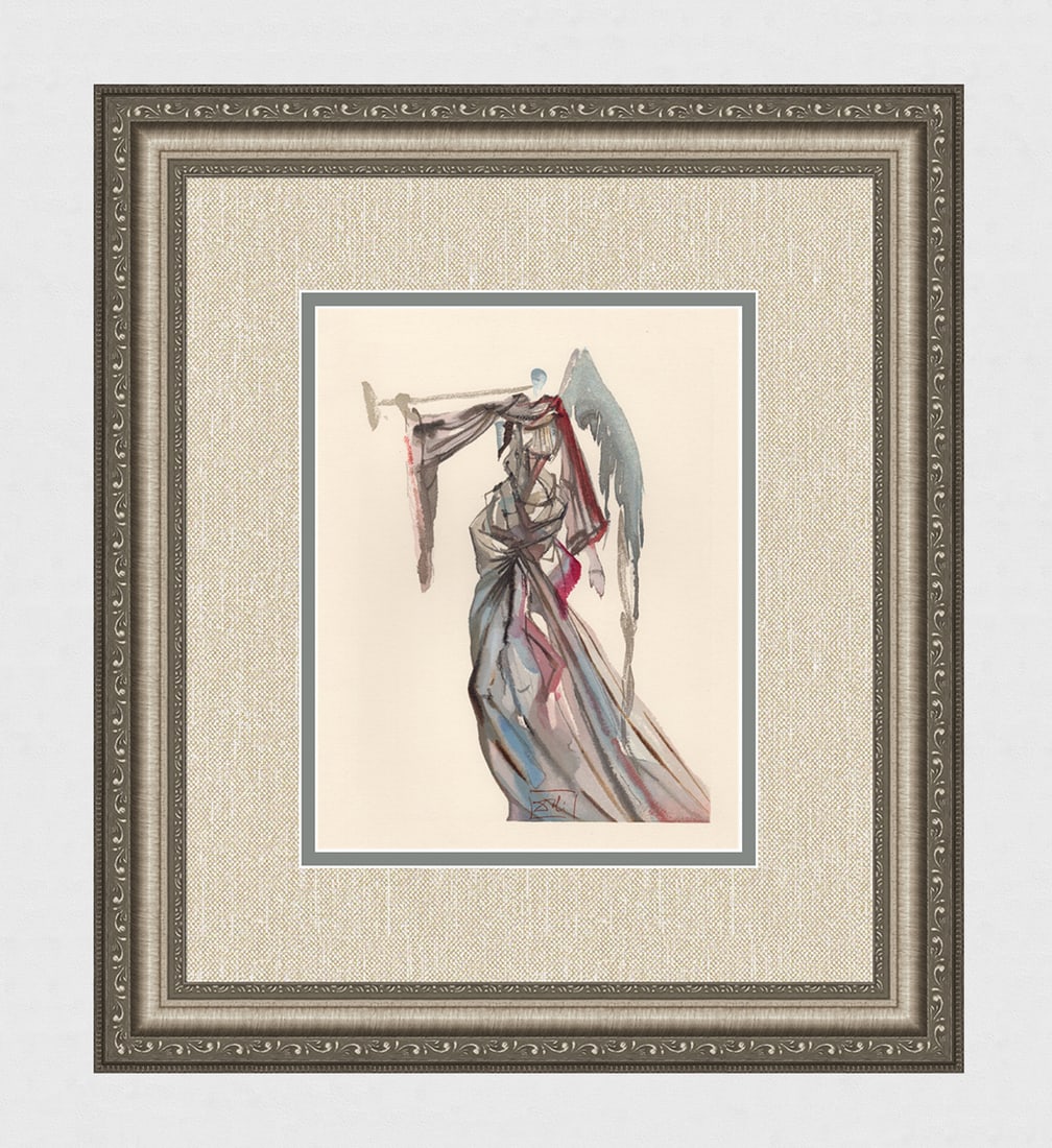 1960 Salvador Dali Angel Sun Authentic Woodcut Signed Framed: Salvador Dali. (1904-1989). "The Angel of the Sun" Paradise Canto 10. Authentic Original Color Woodcut from The Divine Comedy Printed in 1960 on B.F.K. Rives Paper ( this is not a reproduction, copy, 