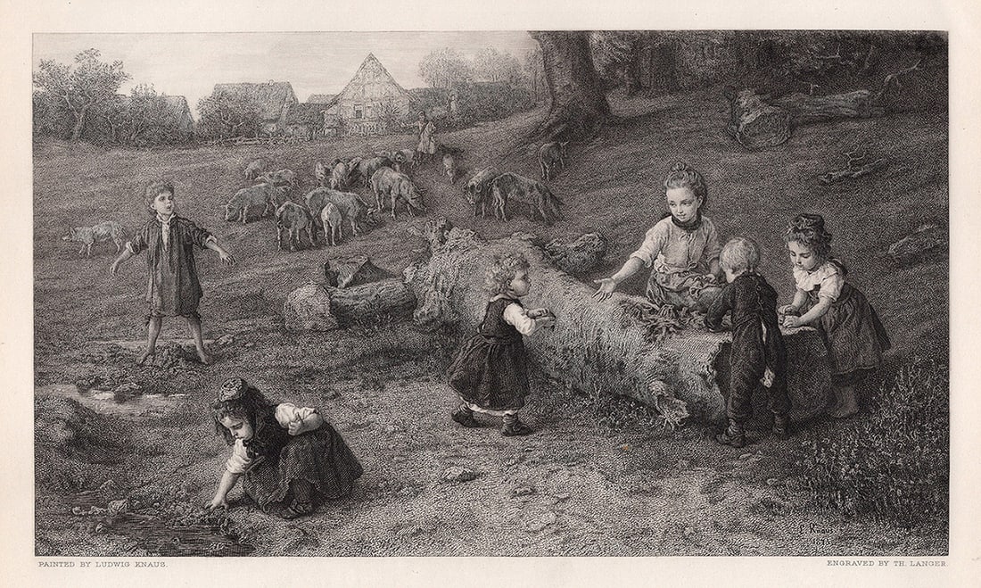 FRAMED 1800s Ludwig Knauss Engraving Young Children at Play SIGNED: Ludwig Knaus (German, 1829 - 1910). Children at Play. Antique engraving on thick wove paper after the by master etcher Theodore Langer (German,1819 - 1895). Signed in the plate. Year: 1883. Image size