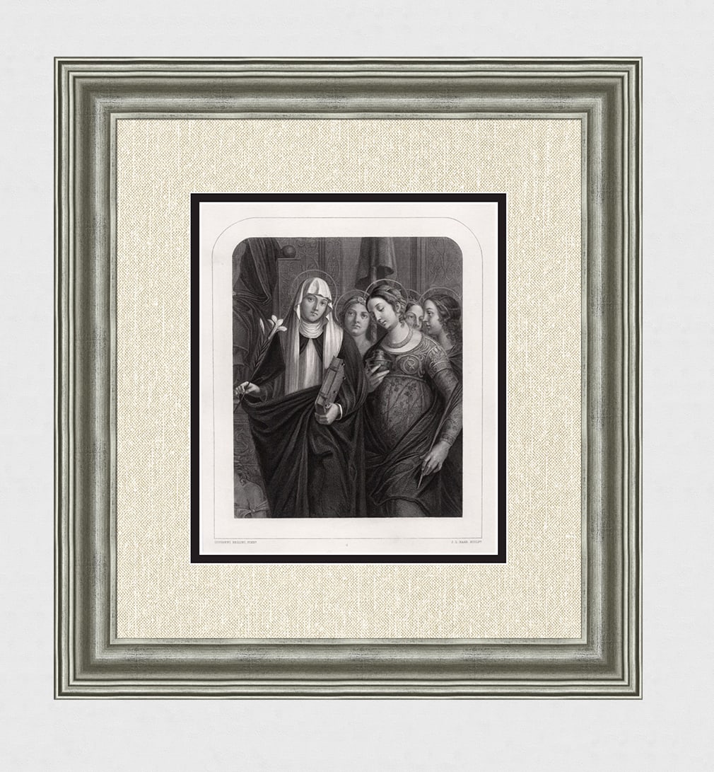 Giovanni Bellini 1800s Engraving St Catherine & St Ursula Signed Framed: Giovanni Bellini (Italian, c. 1430-1516) (1483-1520). Procession of the Virgin. Antique engraving on wove paper after the original by the master engraver Johann Leonhard Raab (German, 1825-1899). Year