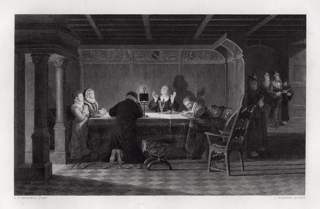 1800s David Wilkie WYNFIELD Engraving A Visit from the Inquisitors FRAMED SIGNED: David Wilkie Wynfield (British, 1837 - 1887). A Visit From the Inquisitors. Antique engraving on wove after the original by master engraver John Godfrey (British, 1817-1889). Year: 1880. Signed in the