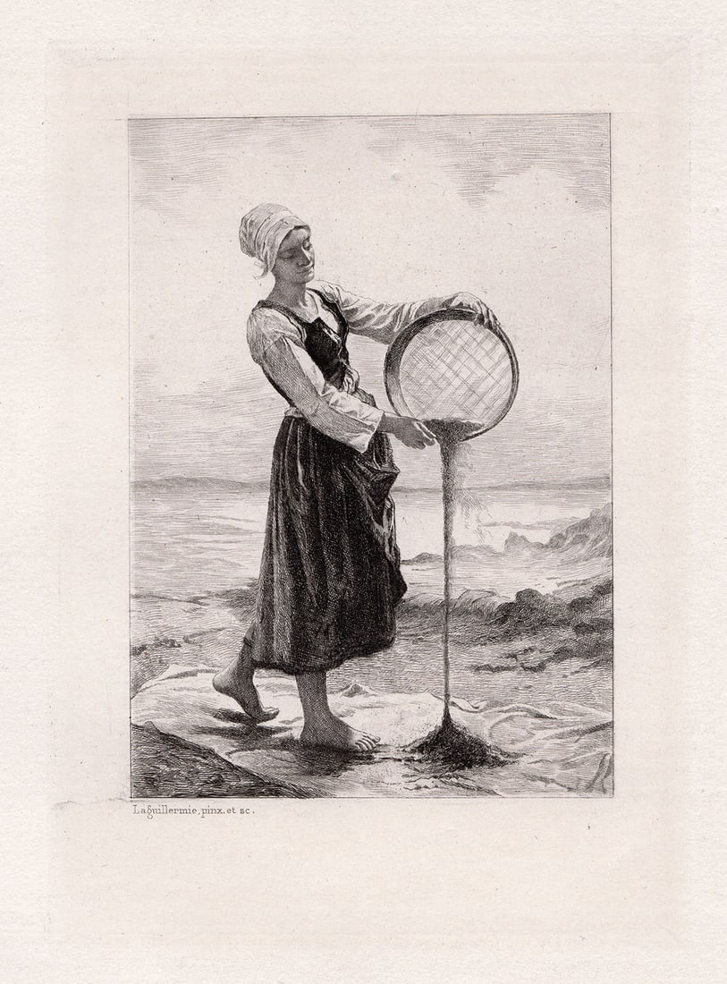 Frederic Auguste La Guillermie 1875 etching Girl Winnowing Buck-wheat signed: Frederic Auguste La Guillermie. (French, 1841-1923). Girl Winnowing Buck-wheat. Original Etching on laid paper. 1875. Signed in the plate, lower left. Excellent. Image Size 4 3/4 x 6 3/4. Approximatel