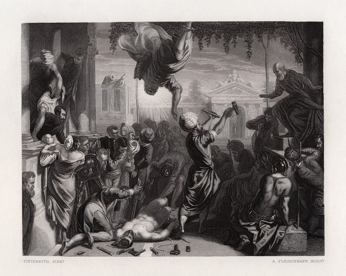 Jacopo TINTORETTO SIGNED 1800s Engraving Martyrdom of a Slave FRAMED: Tintoretto (born Jacopo Comin) (also known as Jacopo Robusti) (Italian, 1518 - 1594). The Miracle of St. Mark. Antique engraving on wove paper after the original by master engraver Andrea Johann Fleis