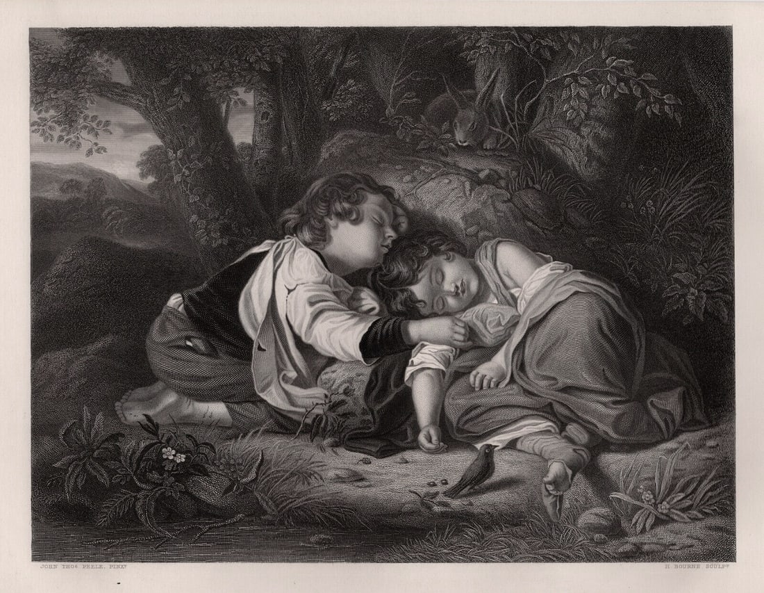 1800s John PEELE SIGNED Engraving Children Sleeping the Forest FRAMED: John Thomas Peele (British, 1822-1897). The Children in the Wood. Antique engraving on wove paper after the original by master engraver Herbert Bourne (British, c. 1825-1907). Year: 1856. Signed in th