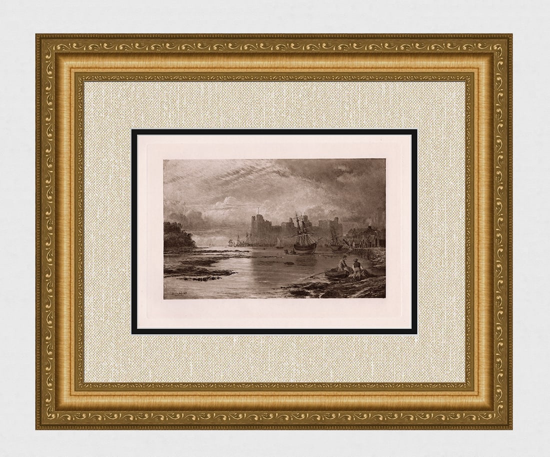 Alfred Dawson Carnarvon Castle print signed: Alfred Dawson. (British, 1843-1931). Carnarvon Castle. Antique Heliogravure on thick wove paper after the original by a Master Engraver. 1890. Signed in the plate. Excellent. Image Size 7 x 10 1/4 inc