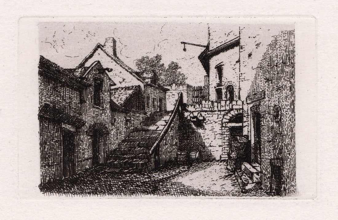 V. J. Vaillant Rue du Machicoulis, Boulonge 1874 etching: V. J. Vaillant. Rue du Machicoulis, Boulonge. Antique Etching on laid paper. 1874. Excellent. Image Size 2 5/8 x 4 1/8 inches. Framed dimensions approximately 11 x 13 inches. This artwork is accompani