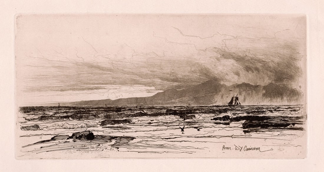 Sir David Young Cameron Arran 1892 Etching Signed: Sir David Young Cameron. Arran. Original Etching on wove paper. 1892. Signed in the plate, lower right. Image Size 4 7/8 x 9 3/4 inches. Framed dimensions: Approximately 14 x 19 inches. This piece has