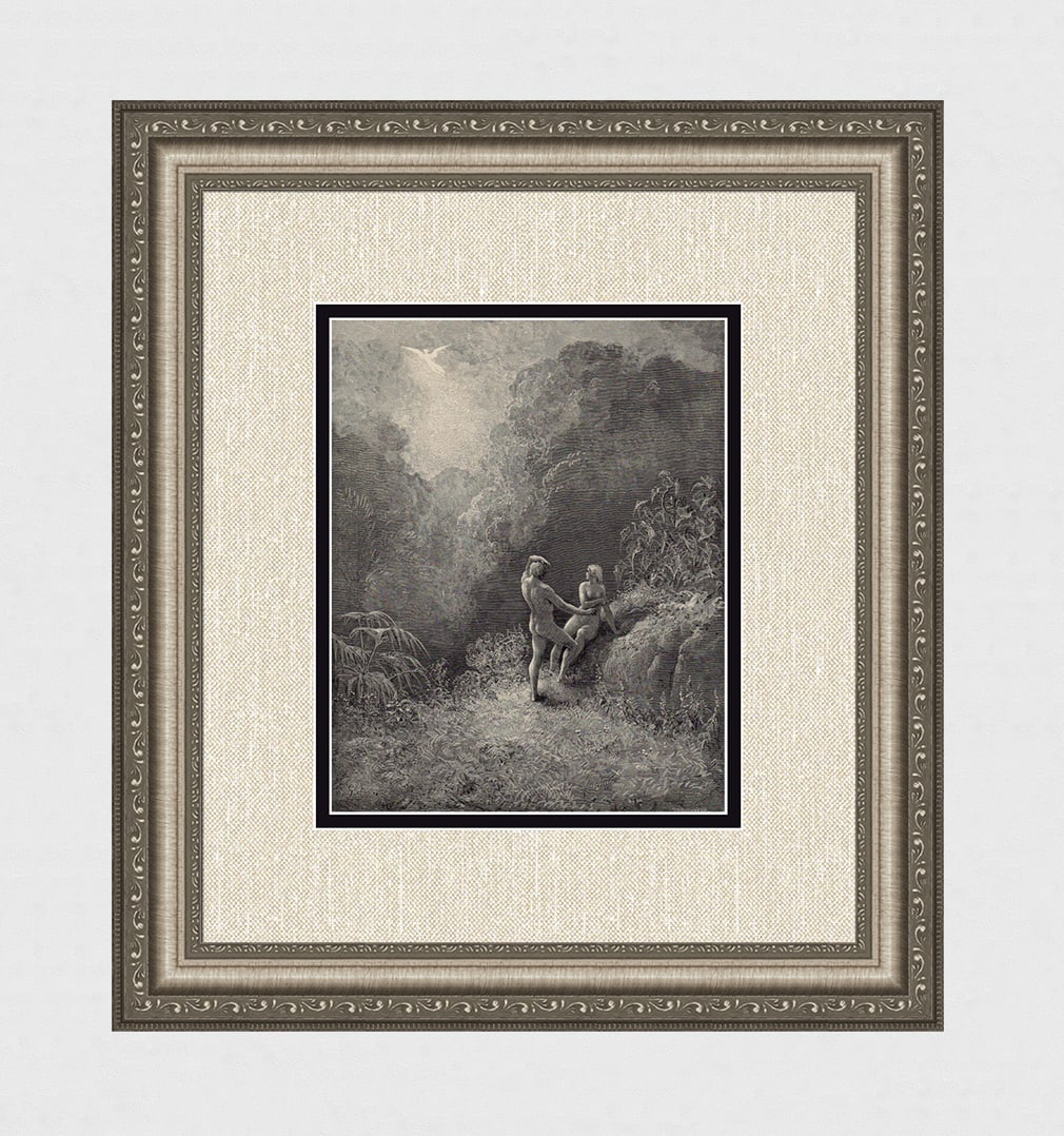 Gustave Dore Adam & Eve (Milton's Paradise Lost) c. 1880 Woodcut Signed: Gustave Dore (Paul Gustave Louis Christophe Dore) (French, 1832-1883). Adam and Eve II (Milton's Paradise Lost). Antique woodcut wove paper after the original by master wood engraver Adolphe Francois 