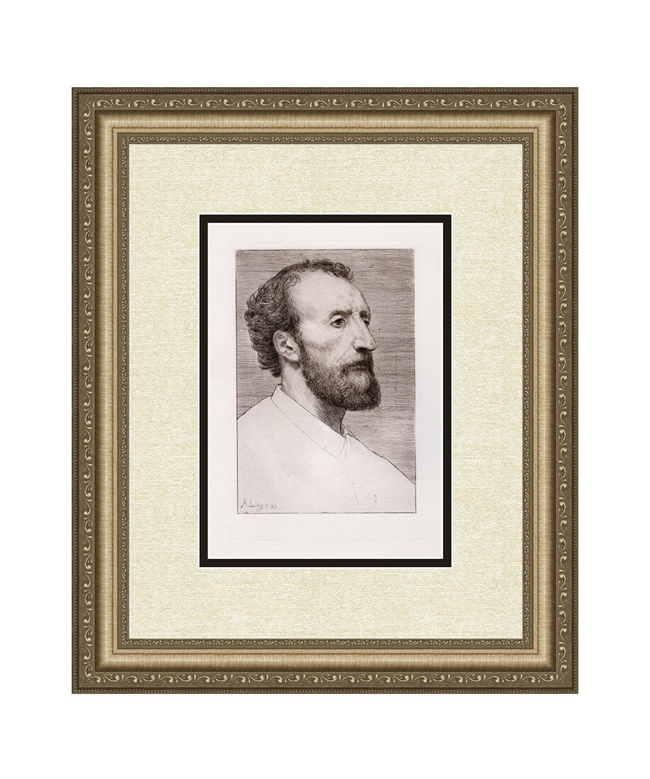 Alphonse Legros 1877 etching Portrait of Jules Dalou signed: Alphonse Legros. (French, 1837-1911). Portrait of Jules Dalou. Antique etching on thick laid paper. 1877. Signed in the plate, lower left. Excellent. Image Size 6 1/2 x 10 inches. Approximately 16 x 1