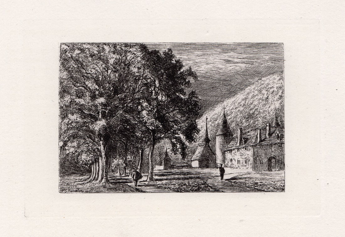 Philip Gilbert Hamerton In the Val Ste. Veronique etching signed: Philip Gilbert Hamerton. (English, 1834-1894). In the Val Ste. Veronique. Original Etching on laid paper. 1874. Signed in the plate, lower left. Excellent. Image Size 3 7/8 x 5 7/8 inches. Approximate