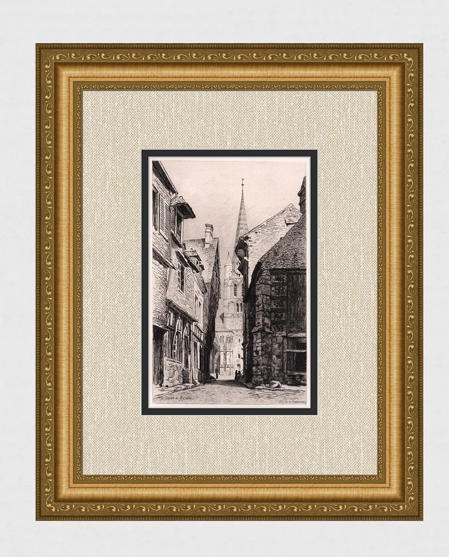 Briend Rue De La Poissonnerie, Montivilliers 1875 etching signed: A. Briend. "Rue De La Poissonnerie, Montivilliers". Hand Pulled copper plate etching on laid paper. 1875. Signed in the plate. Excellent. Image size 6 x 9 1/2 inches. Approximately 15 x 19 inches. Thi