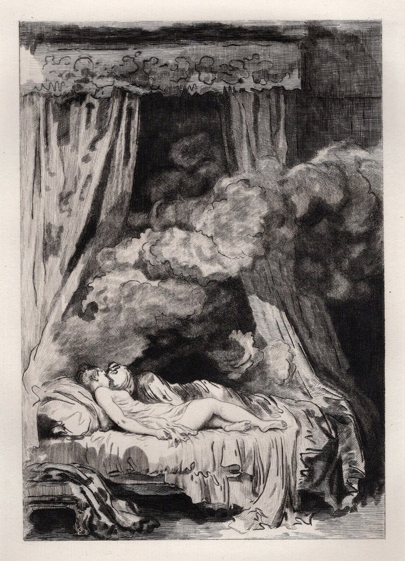 1800s Jean-Honore FRAGONARD Etching Hans Carvel finds a Wife LIMITED Framed: Jean-Honore Fragonard (French, 1732 - 1806). The year of Hans Carvel (L'Anneau D'Hans Carvel)(from Conte de La Fontaine). Antique etching on laid paper after the original by master engraver Adolphe Ma