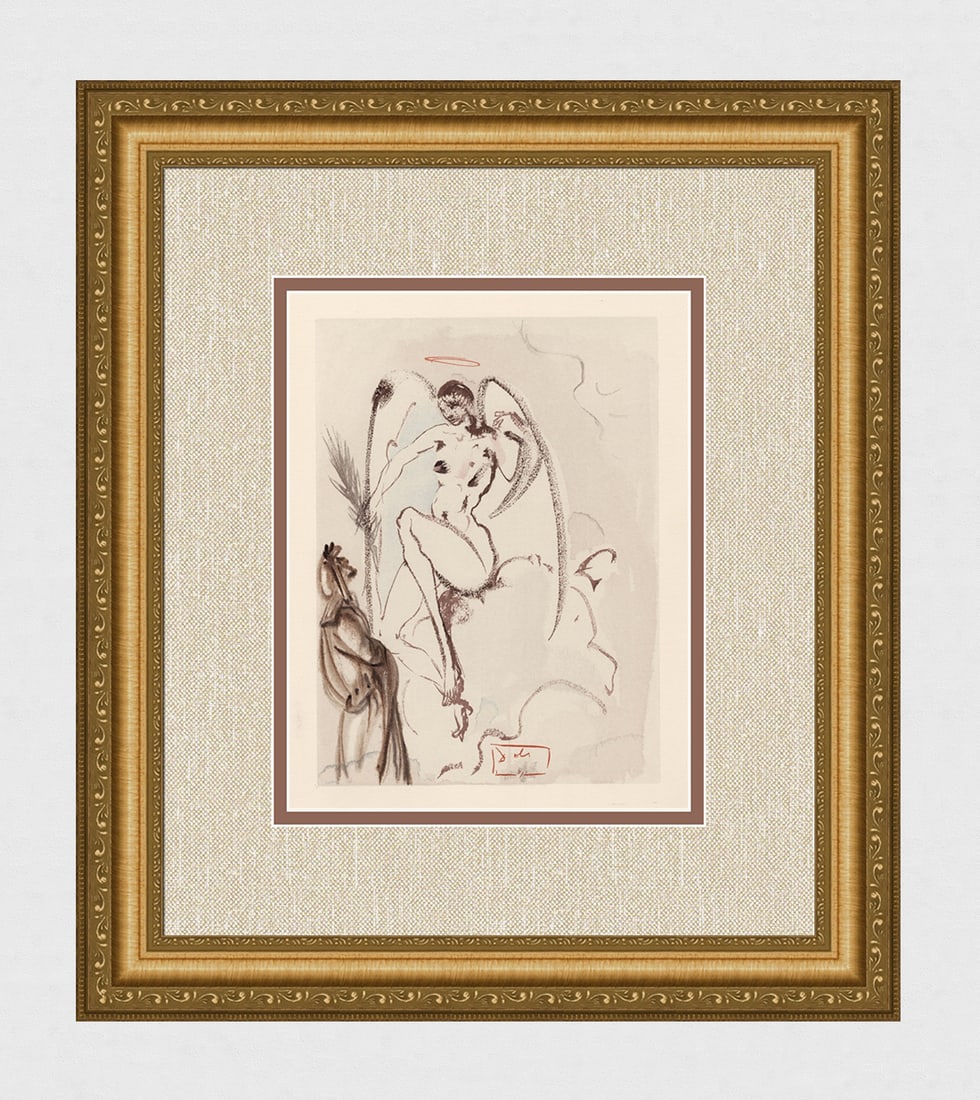 1960 Salvador Dali Archangel Gabriel Woodcut Signed Framed: Salvador Dali. (1904-1989). "The Archangel Gabriel" Paradise Canto 31. Authentic Original Color Woodcut from The Divine Comedy Printed in 1960 on B.F.K. Rives Paper ( this is not a reproduction, copy,