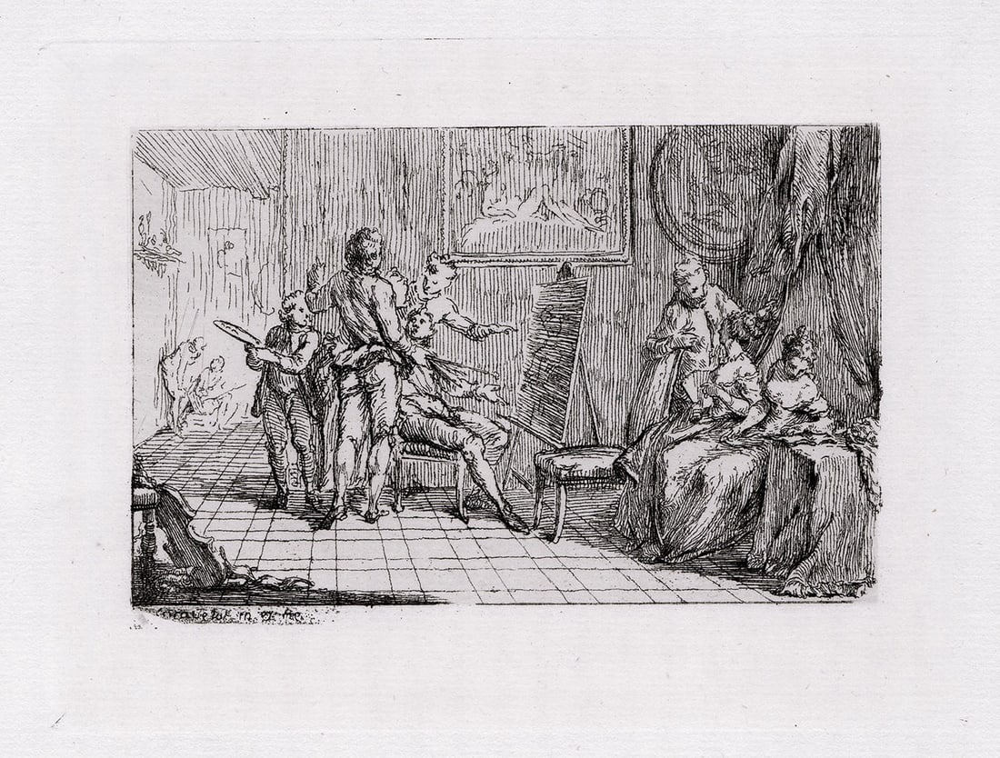 Gravelot The Workshop of a Painter (L'atelier d'un Peintre) 1880 etching: Gravelot. (Hubert-Francois Bourguignon) (French, 1699 - 1773). The Workshop of a Painter (L'atelier d'un Peintre). Antique etching on laid paper after the original by master engraver Amand Durand (183