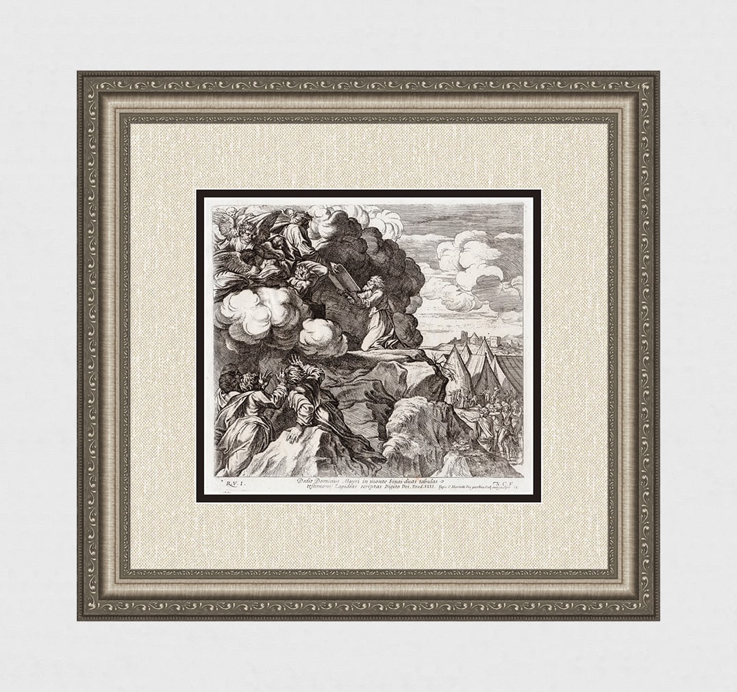 Raphael 1649 Engraving Vatican Moses receives the Ten Commandments: Raphael (Italian, 1483-1520). Moses receives the Ten Commandments. Antique 1649 engraving on laid paper after the original from the series of etchings Biblical Scenes, after the frescoes by Raphael in
