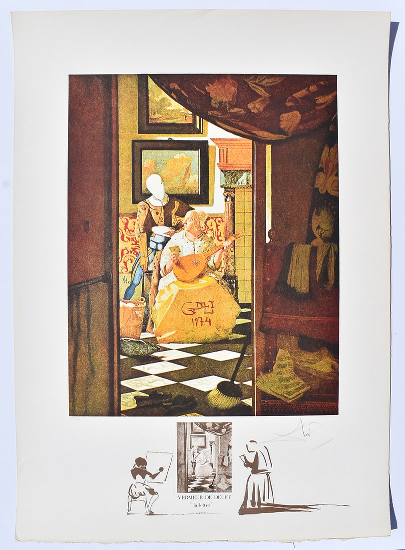 1974 Salvador Dali Lithograph Vermeer Signed Numbered Limited: Salvador Dali. Vermeer " La Lettre" (Vermeer: The Letter)(From the suite Changes in Great Masterpieces). Offset Lithograph in colors with Original Lithographic Remarque lower center, on watermarked Ar