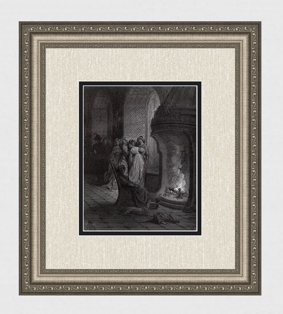 1800s DORE Orlando Furioso Woodcut AMOROUS ADVANCES Framed Signed: Gustave Dore (Paul Gustave Louis Christophe Dore )(French, 1832-1883). Amorous adventures in women?s chambers (From Orlando Furioso). Antique woodcut on wove paper after the original Illustration by m