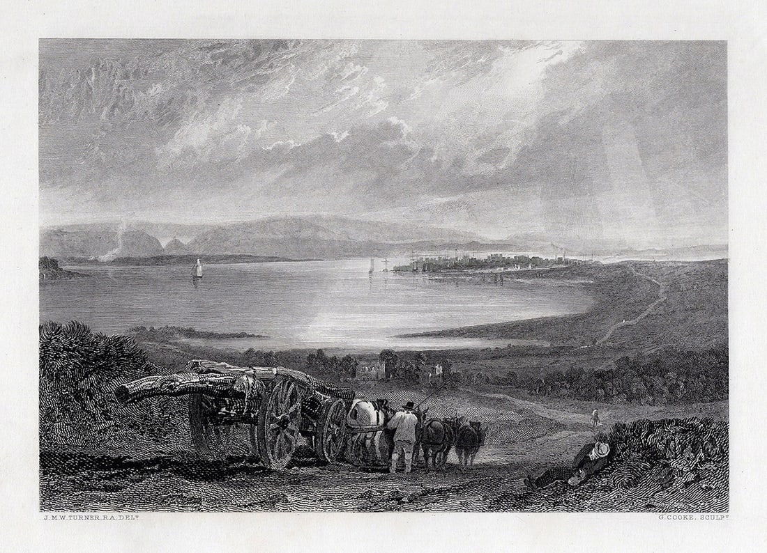 WILLIAM TURNER 1800s Engraving "Poole, Dorsetshire" FRAMED Signed: Joseph Mallord William Turner (English, 1775-1851). Poole, Dorsetshire. Antique engraving on wove paper after the original by master engraver George Cooke (British, 1800-1810 fl. c.). Year: 1878. Sign