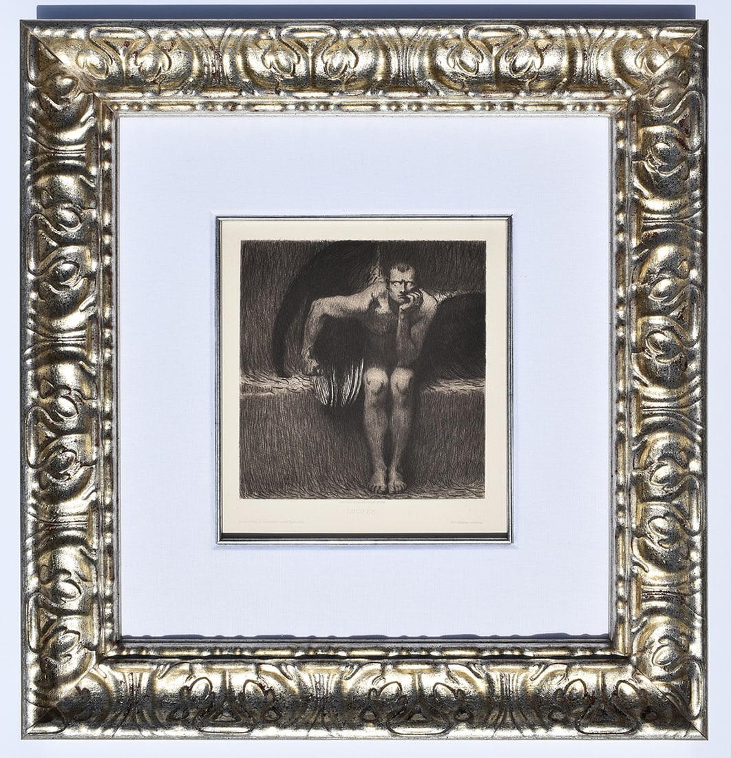 1800s Franz Von Stuck Original Etching LUCIFER Framed SIGNED (1 of 4)