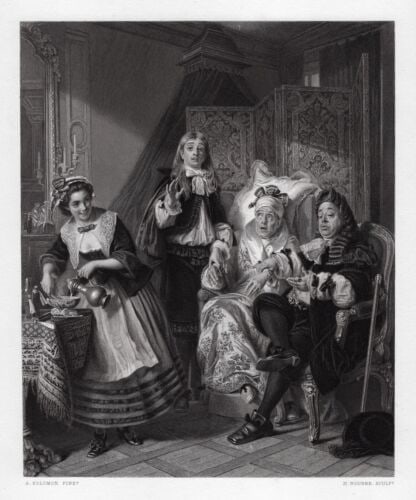 Abraham SOLOMON 1800s Engraving The Hypochondriac FRAMED SIGNED: Abraham Solomon (English, 1823 - 1862). Le Malade Imaginaire. Antique engraving on wove paper after the original by master engraver Herbert K. Bourne (British engraver, 1825-1907). Year: 1871. Signed 