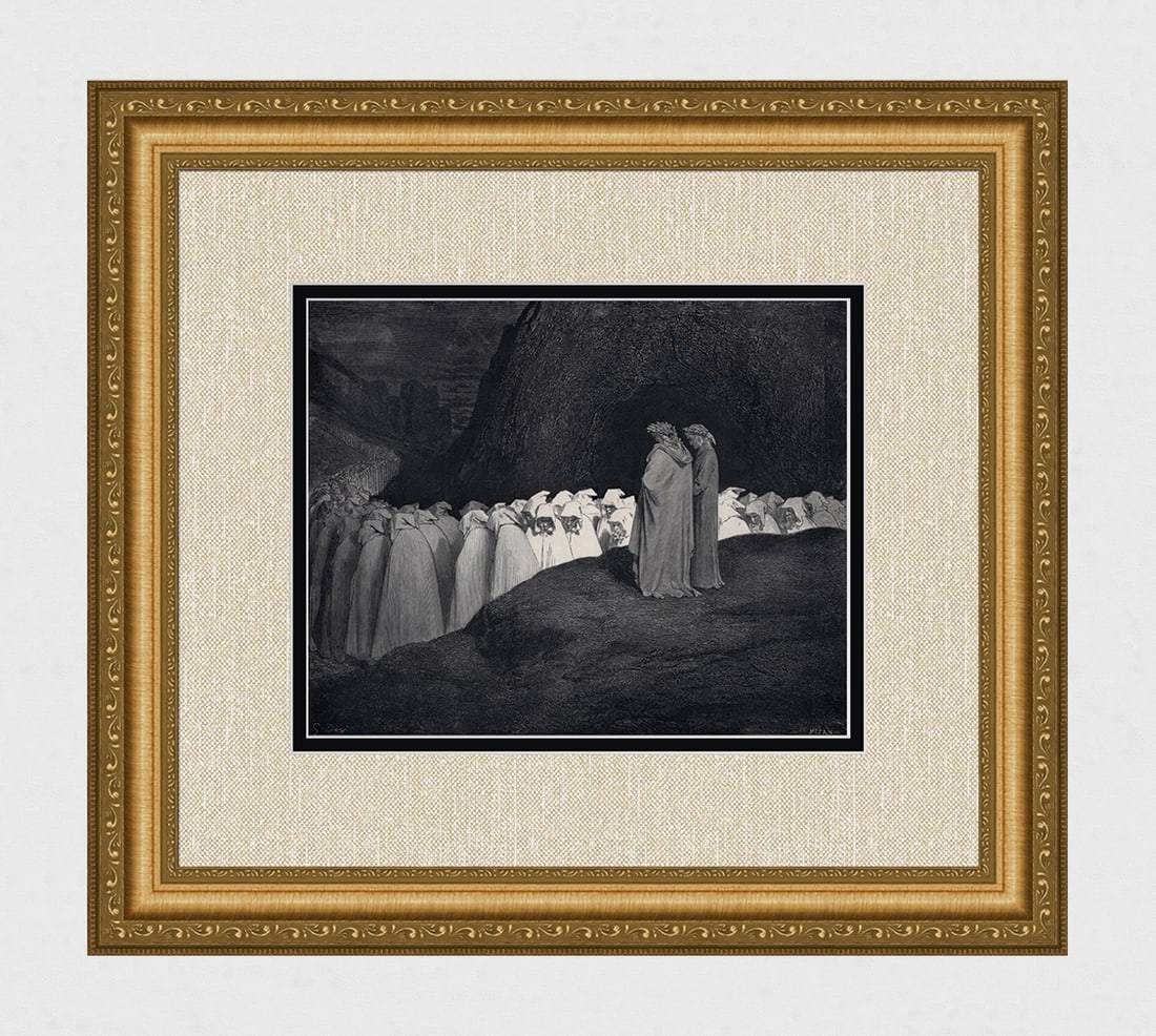 SIGNED 1800s Gustave DORE DIVINE COMEDY Woodcut Mourning Hypocrites FRAMED: Gustave Dore (Paul Gustave Louis Christophe Dore) (French, 1832-1883). Chant 23 College of the Mourning Hypocrites (from Divine Comedy, Enferno). Antique woodcut wove paper after the original by a mas