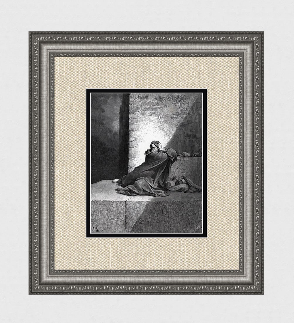 1800s Gustave Dore Woodcut BARUCH'S NEW FOUND WISDOM Framed Signed: Gustave Dore (Paul Gustave Louis Christophe Dore) (French, 1832-1883). Baruch (from Dore's Bible). Medium: Antique woodcut wove paper after the original by a master wood engraver Charles Laplante (Fre