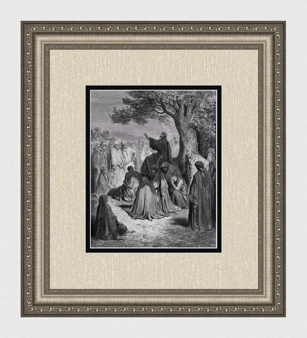 Religious 1800s Gustave DORE Woodcut Jesus Preaching to the People FRAMED Signed: Gustave Dore (Paul Gustave Louis Christophe Dore) (French, 1832-1883). Jesus Preaching to the Multitude (from Dore's Bible). Antique woodcut wove paper after the original by a master wood engraver E. 