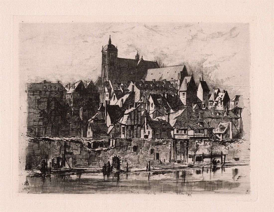Horatio Joseph Lucas 1873 etching Le Mans signed: Horatio Joseph Lucas. (English, 1839-1873). Le Mans. Antique etching on thick laid paper. 1873. Signed in the plate lower left. Excellent. Image size 5 3/4 x 7 3/4 inches. Approximately 15 17 inches. 