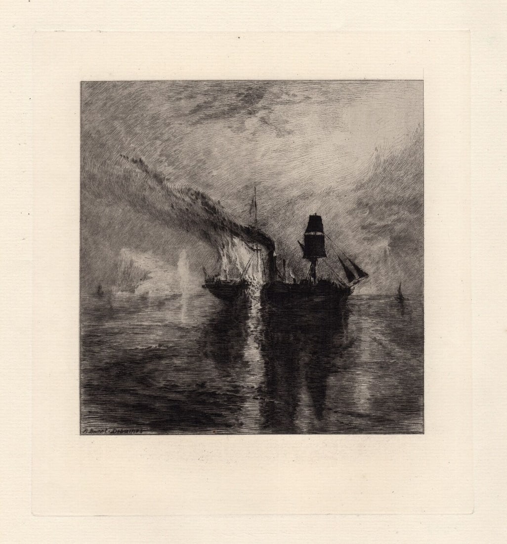1874 JMW Turner Fire Aboard the Wilkie at Sea etching signed: Joseph Mallord William Turner. (English, 1775-1851). The Burial of Wilkie. Antique Copper plate etching on thick laid paper after the original by master etcher Alfred Louis Brunet Debaines (French, 18