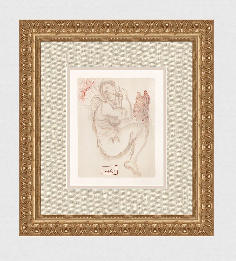 Salvador Dali 1960 Woodcut Signed Framed: Salvador Dali. "Dante's Dream" Purgatory Chant 19. Authentic Original Color Woodcut from The Divine Comedy Printed in 1960 on B.F.K. Rives Paper ( this is not a reproduction, copy, or reprint, but the