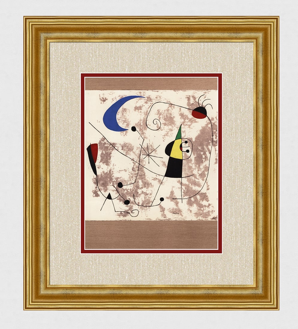 1957 Joan MIRO Color Lithograph Figures Gallery Framed: Joan Miro (1893 - 1983). "Personnages (Figures)." Color lithograph with Pochoir on wove paper. Year: 1957. Signed in the plate. Printed by Atelier Daniel Jacomet et Cie. Published in Paris by San Lazz
