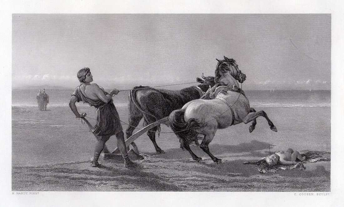 Heywood Hardy Ulysses Ploughing the Seashore engraving signed: Heywood Hardy. (English, 1843-1933). Ulysses Ploughing the Seashore. Antique Steel Engraving on wove paper after the original by Master Engraver Charles Cousen (British, 1819 - 1889) . 1876. Signed in