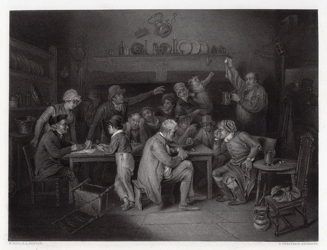 1852 Edward Bird The Raffle for the Watch engraving signed: Edward Bird. (English, 1772 - 1819). The Raffle for the Watch. Antique engraving on wove paper after the original oil paint on oak by master engraver George Greatbach (British, 1819 - 1884). 1852. Sig