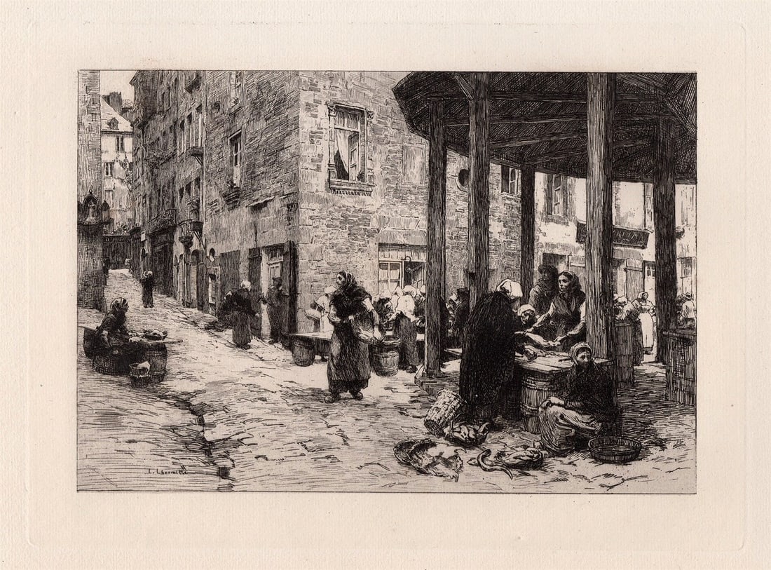 Leon Lhermitte Fish Market etching signed: Leon. Lhermitte. Fish Market at St. Malo. Antique etching on thick laid paper. 1882. Signed in the plate lower left. Excellent. Image size 7 3/4 x 10 5/8 inches. Approximately 16 x 18 inches. This pie
