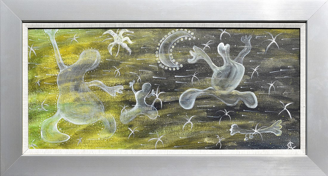 CONSTANTINE Original Abstract Painting Dancing Through Time: Alexander Constantine. Dancing Through Time. Original acrylic painting on canvas laid onto wood panel. Signed by the artist. Painting size 12 1/4 x 27 3/8inches. Framed Dimensions: 17 3/4 x 32 7/8 inc