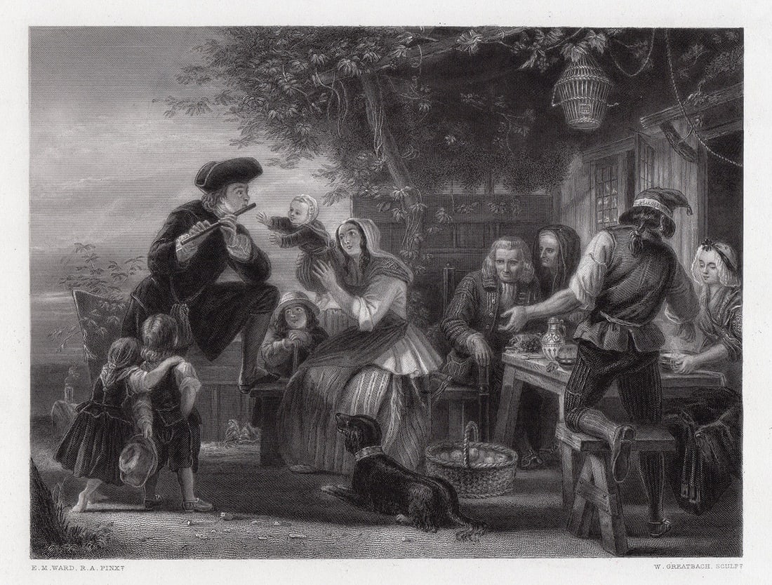 1872 Edward Matthew Ward Goldsmith on his Travels (Goldsmith Playing the Flute) engraving signed: Edward Matthew Ward. (English, 1816-1879). Goldsmith on his Travels (Goldsmith Playing the Flute). Antique Engraving on wove paper after the original by master engraver William Greatbach (1802-1885). 