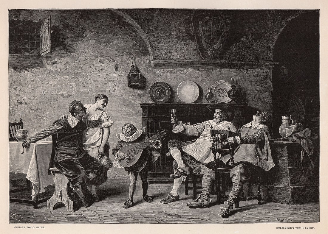 Edoardo Gelli Der Hofzwerg (The Court Jester) 1887 woodcut Framed: Edoardo Gelli. (Italian, 1852-1933). Der Hofzwerg (The Court Jester). Antique woodcut on wove paper after the original by H. Scheu. 1887. Signed in the Plate. Excellent. Druck Der K. K. Hif und staats