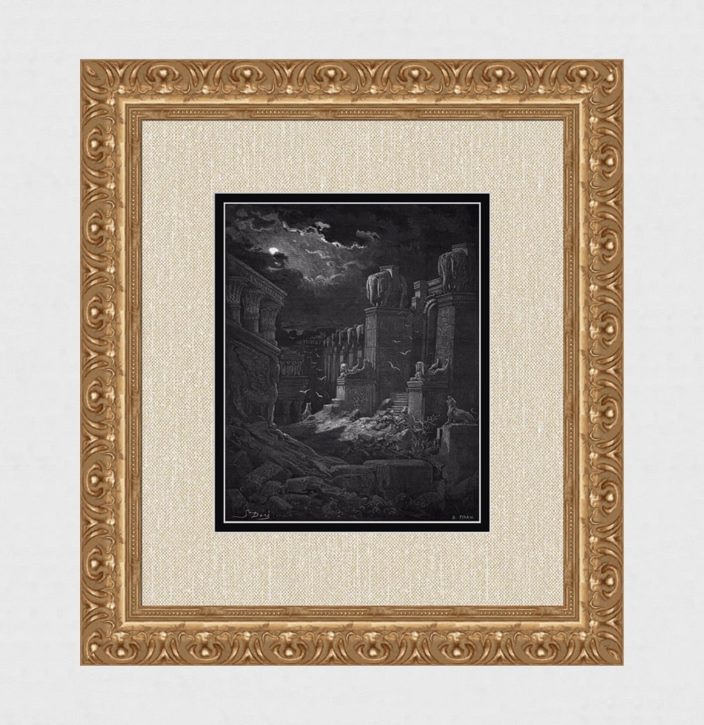 GUSTAVE DORE 1800s Religious Wood Engraving BABYLON IS FALLEN Framed Signed: Gustave Dore (Paul Gustave Louis Christophe Dore )(French, 1832-1883). Babylon Fallen (Dore's Bible). Antique Wood Engraving on wove paper after the original drawing by master engraver Heliodore Josep
