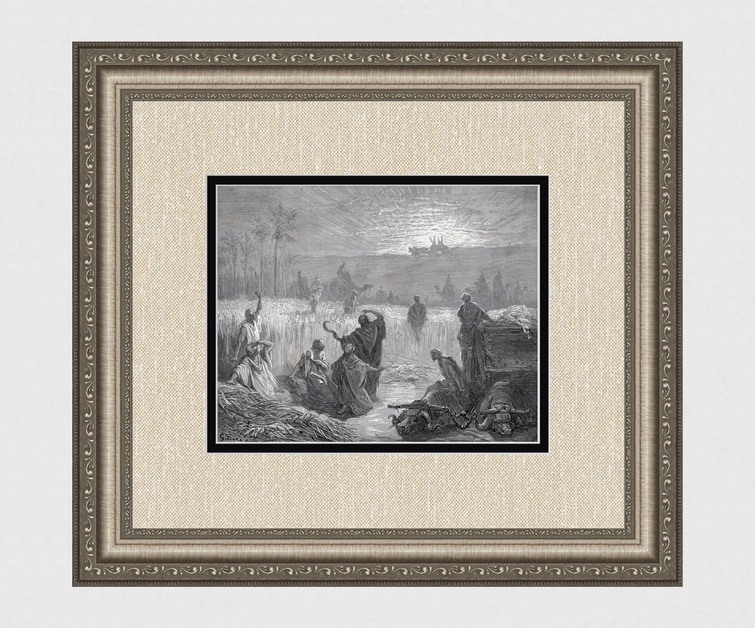 Gustave DORE 1800s Religious Wood Engraving "Return of the Ark" Framed SIGNED: Gustave Dore (Paul Gustave Louis Christophe Dore) (French, 1832-1883). The Return of the Ark to Beth-Shemesh. (from Dore's Bible). Antique Wood Engraving wove paper after the original by a Master Wood