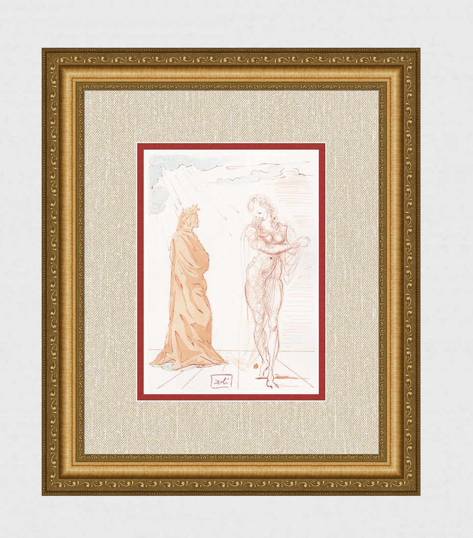 1960 Salvador Dali Dante Virgil Authentic Woodcut Signed Framed: Salvador Dali. (1904-1989). "Virgil Comforts Dante" Enferno Canto 2. Authentic Original Color Woodcut from The Divine Comedy Printed in 1960 on B.F.K. Rives Paper ( this is not a reproduction, copy, o