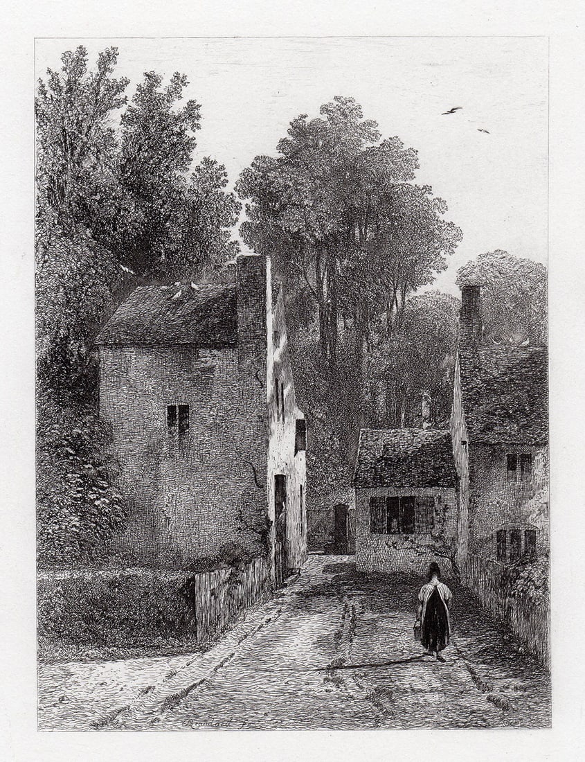 Robert Brandard 1875 engraving Village Scene signed: Robert Brandard. (English, 1805-1862). Village Scene. Antique Steel Engraving on wove paper. 1875. Signed in the plate, lower left. Excellent. Image Size 4 5/8 x 6 1/4 inches. Approximately 13 x 15 in