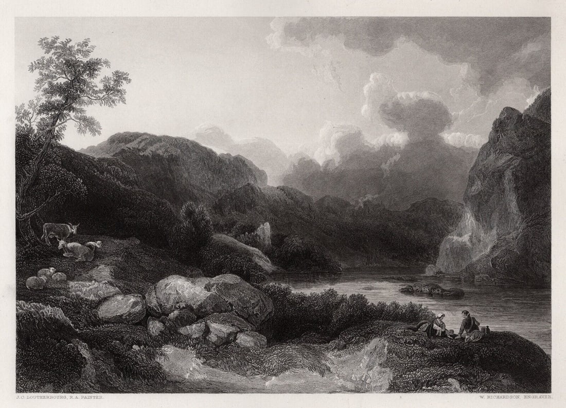 1800s Philip LOUTHERBOURG Engraving EVENING IN CUMBERLAND Framed: Philip James de Loutherbourg (Philippe - Jacques)(Philipp Jakob)(the Younger)(Franco-British, 1740 - 1812). A Lake In Cumberland. Antique engraving on wove paper after the original by master engraver 