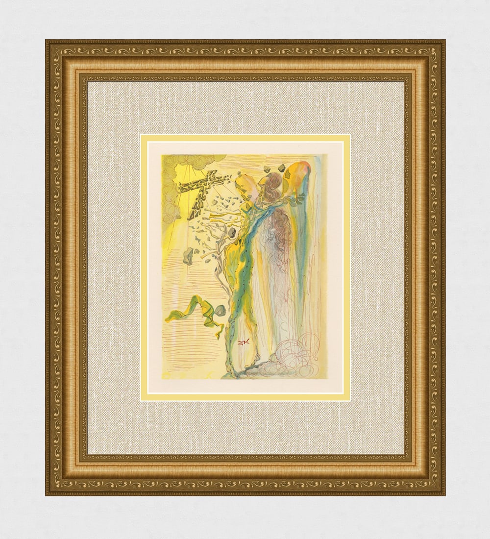 1960 Salvador Dali Glorious Bodies Authentic Woodcut Signed Framed: Salvador Dali. (1904-1989). "The Shine of the Glorious Bodies" Paradise Canto 12. Authentic Original Color Woodcut from The Divine Comedy Printed in 1960 on B.F.K. Rives Paper ( this is not a reproduc