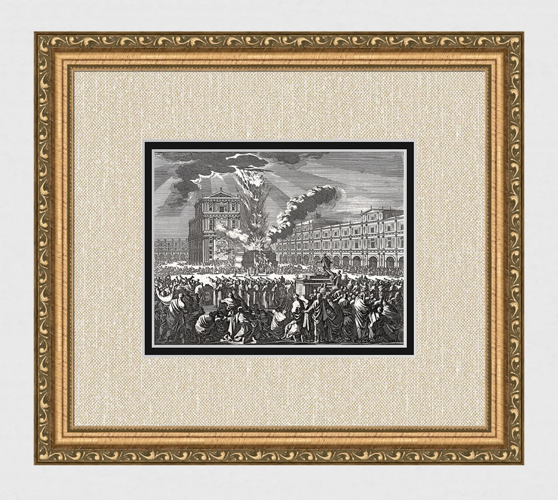 1747 Monumental Engraving Jan Luyken Solomon's Temple Framed: Jan Luyken (Dutch, 1649 - 1712).The Dedication of Solomon's Temple. Antique engraving on laid paper. Year: 1747. Publisher: Frans Houtteyn. Reference: Hollstein / Dutch and Flemish etchings, engraving