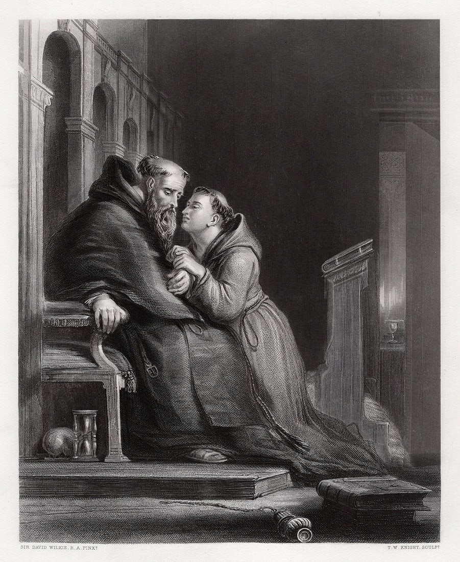 1800s David WILKIE SIGNED Engraving The Confessional Framed: Sir David Wilkie (Scottish, 1785-1841). The Confessional. Antique engraving on wove paper after the original by master engraver T W Knight (British, 1840-1860 fl.). Year: 1866. Signed in the plate. Im