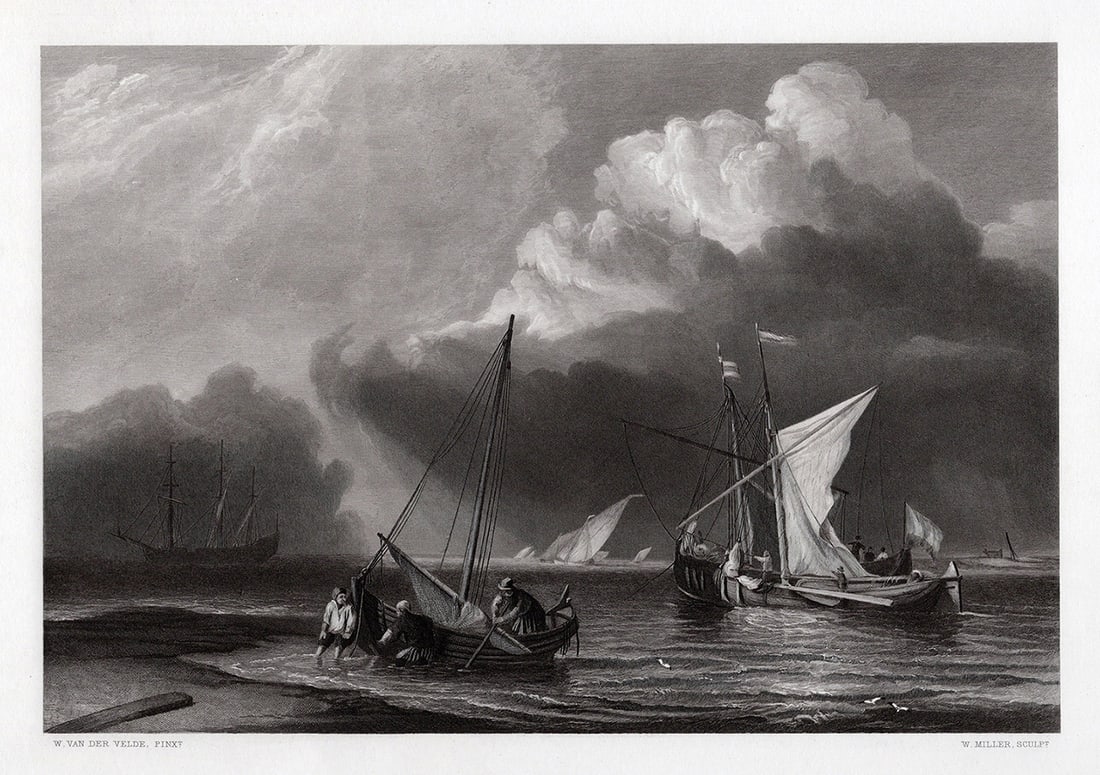 Willem Van De Velde 1800s Engraving Sailing the Storm Signed Framed: Willem van de Velde the Younger (Dutch, 1633 - 1707). The Storm. Antique engraving on wove paper after the original by Master William Miller (British, 1769-1844). Year: 1858. Image Size 6 3/4 x 9 7/8 