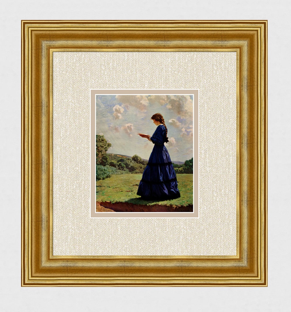1909 HAROLD KNIGHT Antique Color Print The Young Reader SIGNED FRAMED: Harold Knight (British, 1874-1961). The Reader. Antique color print on wove paper after the original oil painting. Year: 1909. Signed in the plate, lower right. Image Size 5 3/4 x 6 7/8 inches. Framed